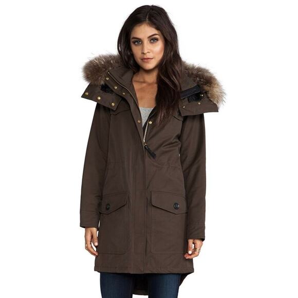 Mackage Cassandra Peach Lux Long Hooded Fur Trim Coat Jacket Moss Green XS - Picture 1 of 16